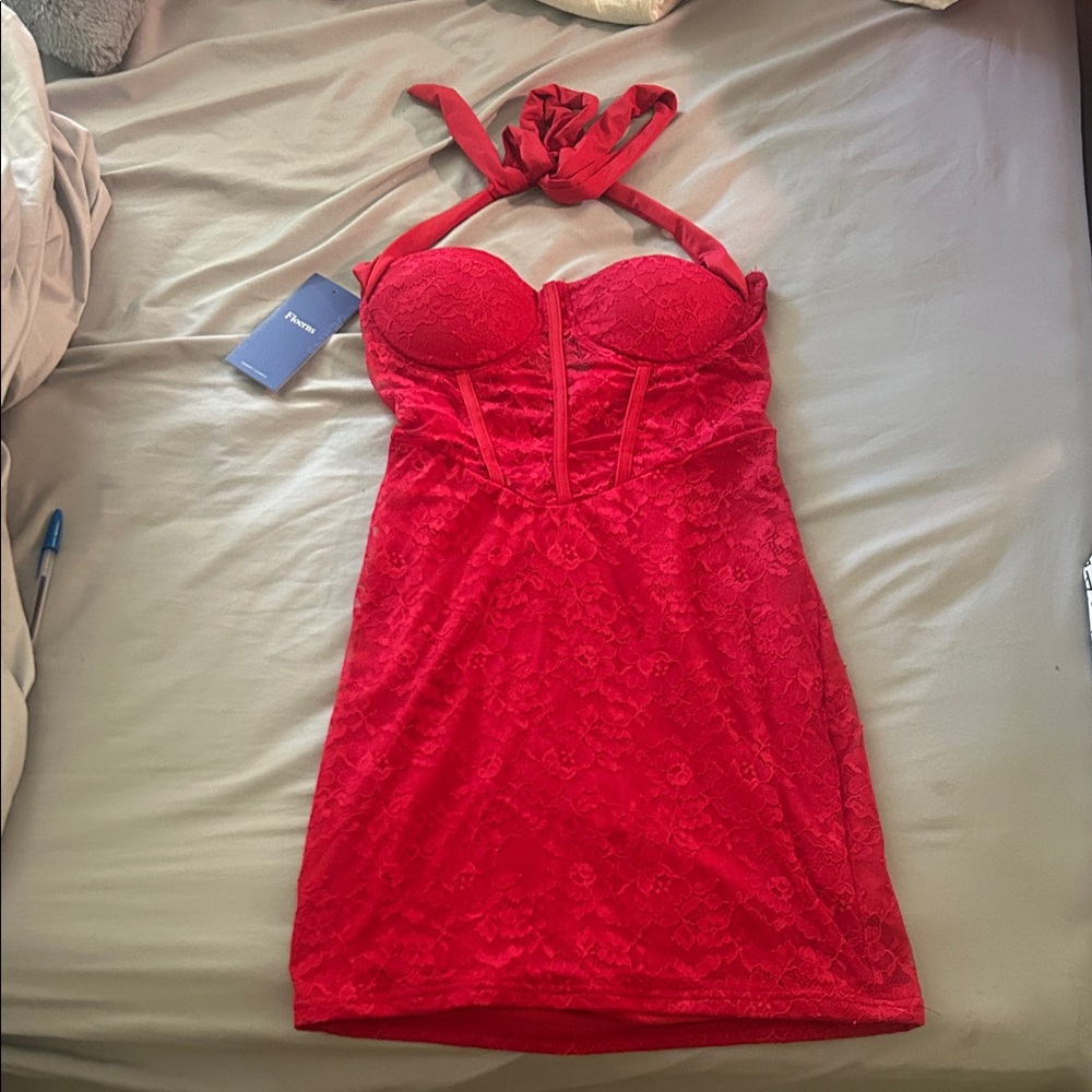 Red Lace Halter Mini Dress with Structured Bust